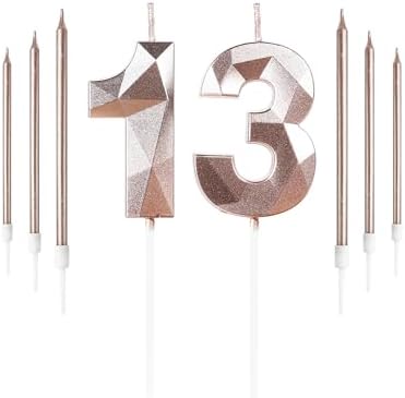 Yiran Rose Gold 13th Birthday Candles Set Number 13 Candle with Long for Cake Candle, Topper Decorations Party Wedding Anniversary