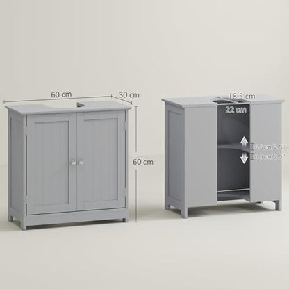 kleankin 60x60cm Under-Sink Storage Cabinet w/Adjustable Shelf Handles Drain Hole Bathroom Cabinet Space Saver Organizer Grey
