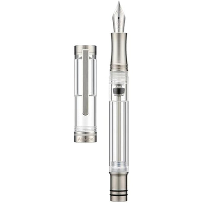 Asvine V200 Titanium Fountain Pen Vacuum Filling, Iridium Medium Nib Clear Transparent Acrylic Smooth Writing Pen Case Set