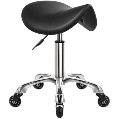 WKWKER Saddle Stool On Wheels Swivel Adjustable Thick Leather Seat Beauty Chair For Kitchen Drafting Lab Office Massage Black
