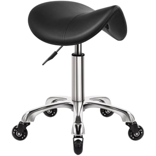 WKWKER Saddle Stool On Wheels Swivel Adjustable Thick Leather Seat Beauty Chair For Kitchen Drafting Lab Office Massage Black