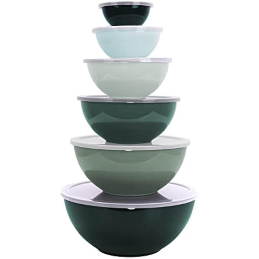 BoxedHome Mixing Bowl Set with Lid, Mixing Bowls, 12-Pack Mixing Bowl Set, Plastic Salad Bowl Non-Slip Stackable Serving Bowls for Kitchen (6 Bowls and 6 Lids, Green)