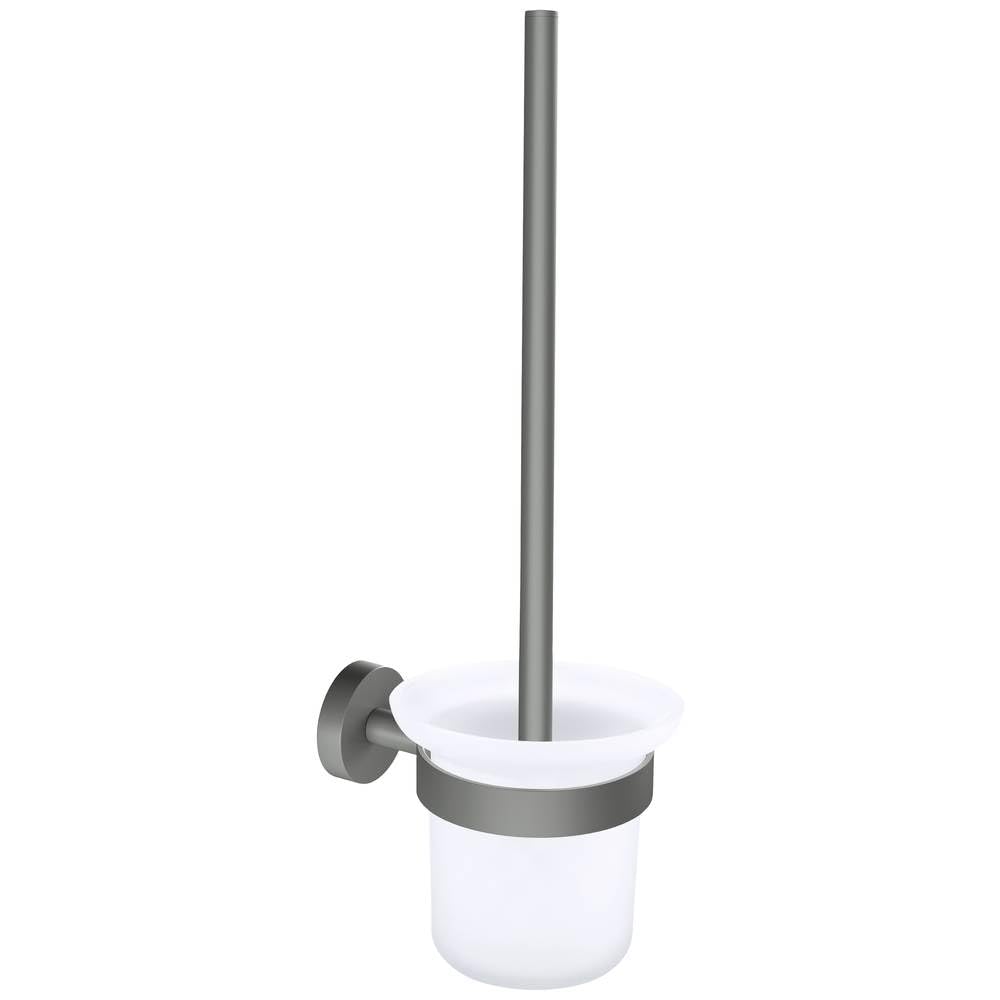 tesa MOON GREY Toilet Brush Set, with holder and toilet brush, matt grey, satin glass - for industrial style and modern bathrooms - drill-free