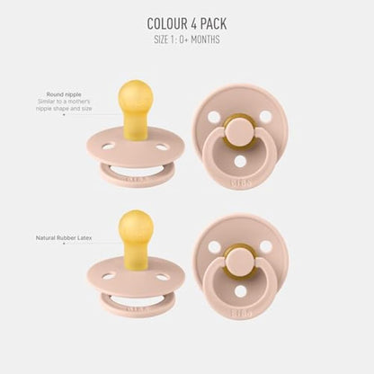 BIBS Dummies Colour 4-Pack, BPA Free Dummy Pacifier, Round Nipple Soothers, Natural Rubber Latex, Made in Denmark, Size 1 (0-6 Months), Blush