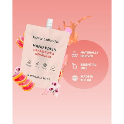 Bower Collective Natural Antibacterial Liquid Hand Soap Refill, Geranium & Grapefruit Handwash Refill, Eco-Friendly Soap, 1 Litre, 300+ Washes