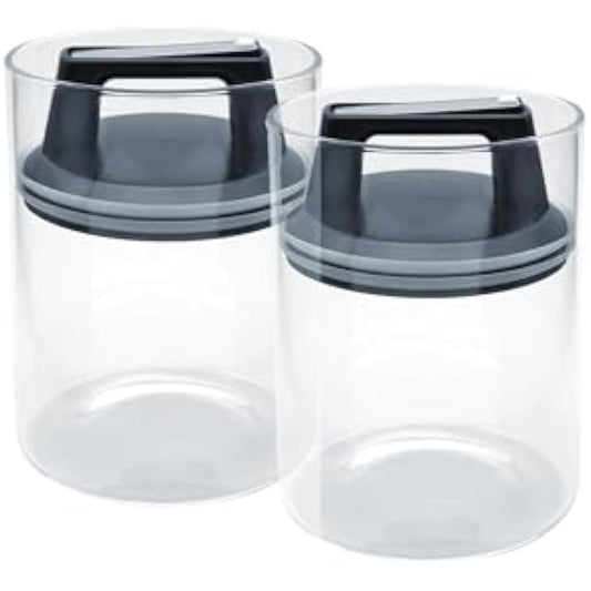 Bewunder Essence 2x 1.3-Litre Borosilicate Glass Jars with Vacuum Lid to push out excess air and maintain freshness | Elegant storage of Tea, Coffee, Pasta and other foodstuffs