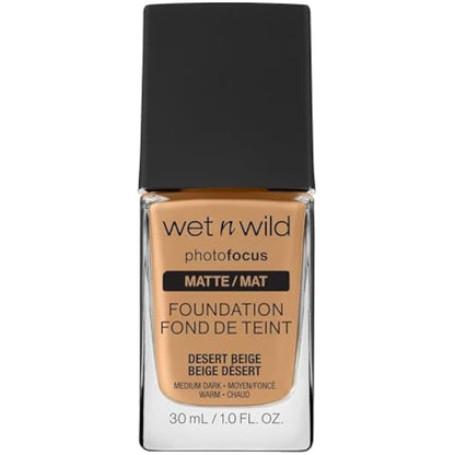 Wet n Wild, Photo Focus Foundation Matte, High-coverage Foundation with Light-adjusting Complex for a White Cast-free Effect and a Camera-ready Makeup, Matte Finish, Vegan, Desert Beige