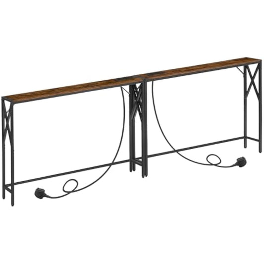 MAHANCRIS 2 Pack Console Table with Charging Station, 100 CM Narrow Sofa Table, Long Entryway Table, Hallway Table with USB Ports, Behind Couch Table with Power Outlets, Rustic Brown ACTHR151KE01S2VN1