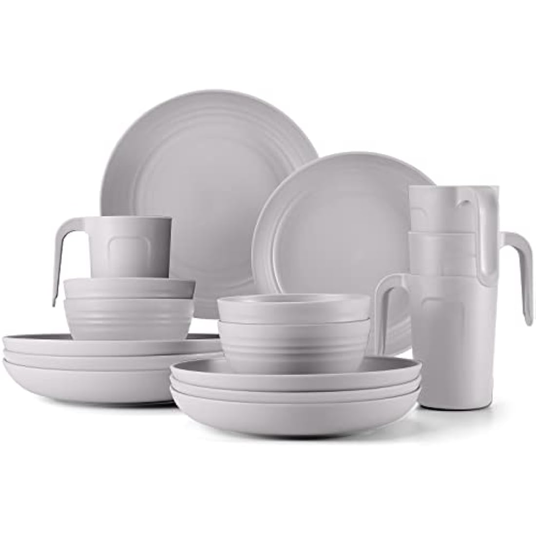 Odoland Lightweight Unbreakable Cutlery Sets for 4 People, Microwave and Dishwasher Safe Plates Bowls Mug Kit, Reusable Dinnerware with Cutlery, for Camping, Kitchen Gray