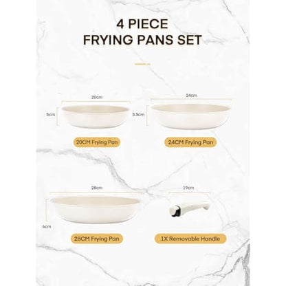 FOHERE Nonstick Frying Pan Set with Detachable Handle, 3PCS 20 24 28 CM Non Toxic Diamond Ceramic Pan, Oven Safe Skillets and Frying Pans, Compatible with All Stoves(Induction), Beige