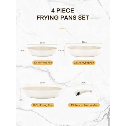 FOHERE Nonstick Frying Pan Set with Detachable Handle, 3PCS 20 24 28 CM Non Toxic Diamond Ceramic Pan, Oven Safe Skillets and Frying Pans, Compatible with All Stoves(Induction), Beige