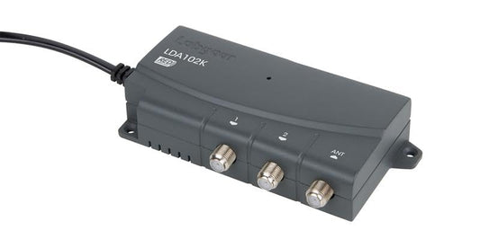 Labgear 2 Way TV Signal Distribution Amplifier, F-Type Connections, 4G & 5G Filtered, Indoor Aerial Booster for TV/FM/DAB, RED Compliant - Button