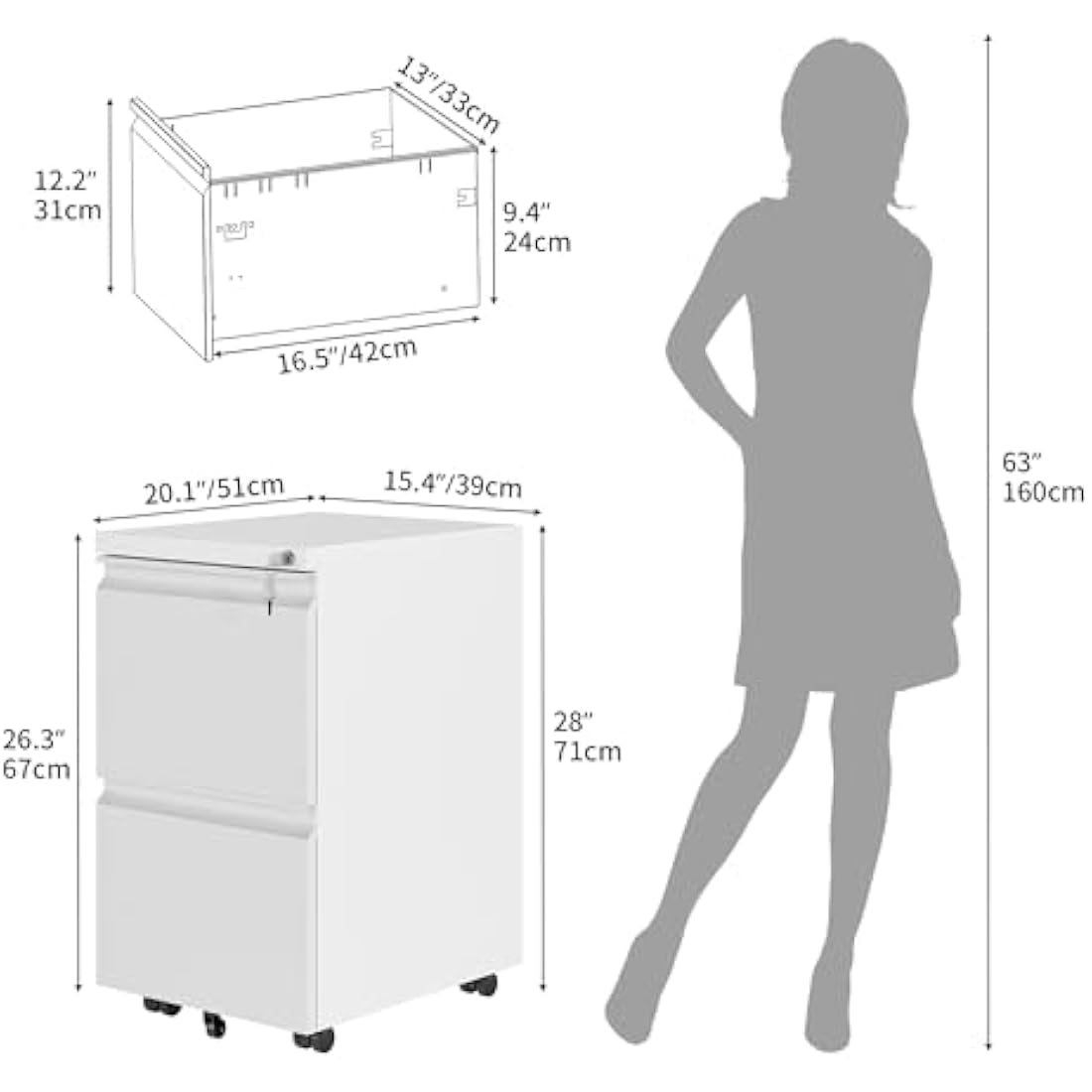 YITAHOME Mobile Filing Cabinet with 2 Lockable Drawers, Anti-tipping Rolling Filing Cabinet with Wheel for Home Office, Under Desk File Storage Cabinets for Letter/Legal/A4 Size, 51 x 39 x 71cm