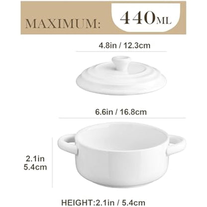 MALACASA Casserole Dishes for the Oven, 440ML 4.8" Small Porcelain Ramekins with Handle and Lid, White Mini Cocotte of 4, Ceramic Dutch Oven Set for Lasagna, Soufflé, Soup, Oven Proof Bakeware