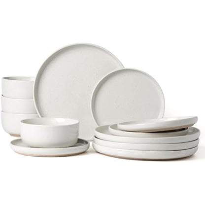Richmount Milkyway Plates and Bowls Set, 12 Piece Dinner Set, Speckled Stoneware Dinner Set for 4, Chip and Scratch Resistant Dinnerware Sets, Dishwasher & Microwave Safe, White