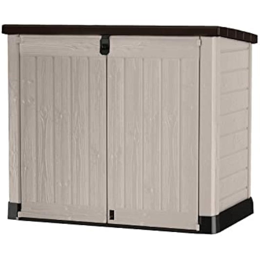 Keter Store It Out Pro Outdoor Garden Furniture Storage Shed Beige with Brown Lid Fade Free All Weather Resistant Safe and Secure Zero Maintenance 5 year Warranty