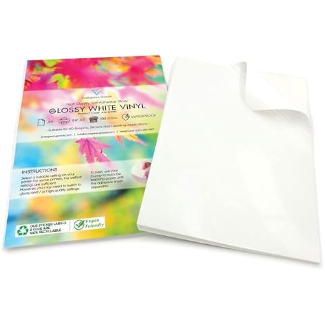 Evergreen Goods 100 Sheets A4 Waterproof Vinyl Sticker Paper, Self-Adhesive Glossy White PVC Sticker Sheets | Inkjet & Laser Printable, Perfect for Custom Labels, High-Resolution Stickers & DIY Crafts