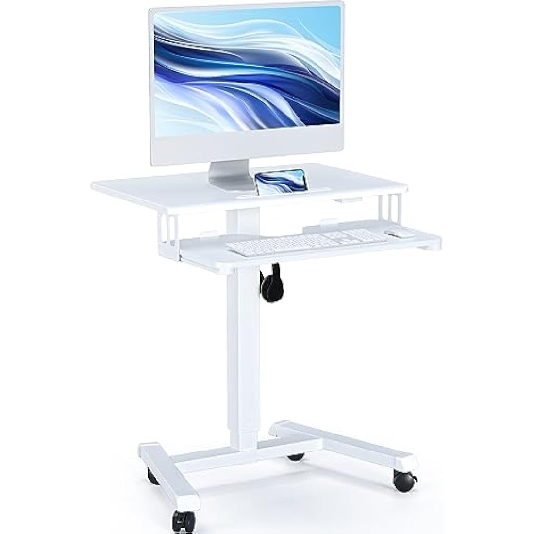 BONTEC 65 × 45cm Two-Tier Mobile Computer Workstation with 4 Rolling Castors, Laptop Stand on Wheels, Height Adjustable Standing Desk, Side Table for Living Room, Bedroom, Medical White