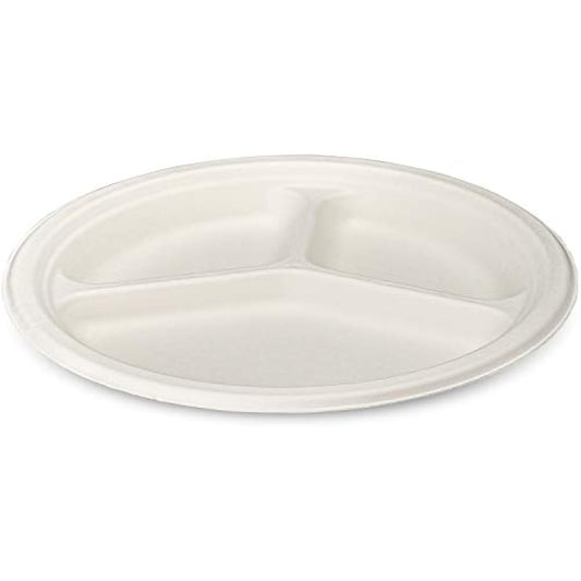 Comfy Package 100% Compostable 10 Inch Heavy-Duty Plates [125 Pack] 3 Compartment Eco-Friendly Disposable Sugarcane Paper Plates