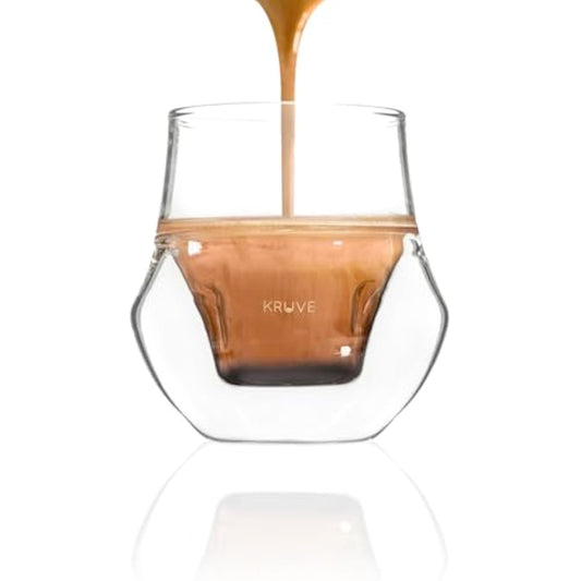 KRUVE Propel Espresso Cups, Handmade Double-Walled Glass Coffee Mugs, Clear 2.5 oz, Scientific Design for Better Tasting Coffee (Set of Two) - Unique Glass Coffee Cups with Headspace & Internal Fins