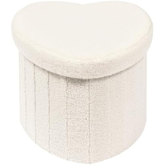 Bonlife White Boucle Ottoman with Storage,Foldable Footstool for living room,Toy Chest,Storage Seat Teddy Heart Shape Footrest,38X38X32cm