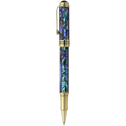 Xezo Maestro Fine Point Rollerball Pen, Iridescent Paua Sea Shell with 18 Karat Gold Plating. Handmade, Limited Edition, Serialized. No Two Alike