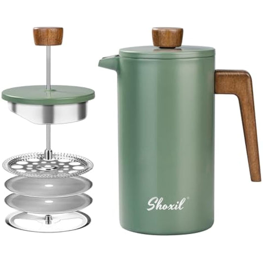 shoxil French Press Coffee Maker, 34oz Stainless Steel Green Coffee Press Real Wood Handle, Double Wall Insulated French Coffee Press with Dual-Filter Screen, Perfect for Camping & Kitchen Use