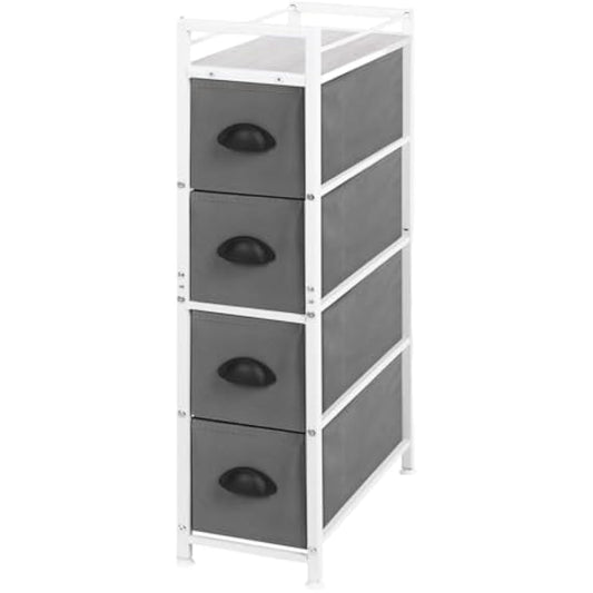 LIANTRAL Narrow Dresser, Vertical Slim Chest of Drawers, Storage Unit with 4 Fabric Drawers and Wooden top for Bathroom Kitchen Living Room Entryway Narrow Space, White and Grey