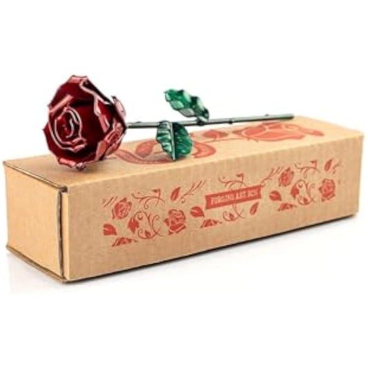 Forging Art Bcn® Hand Forged Eternal Wrought Iron Rose - Gift for Valentine's Day, Mother's Day, 6th Year Wedding Anniversary (Red/Green Without Base)