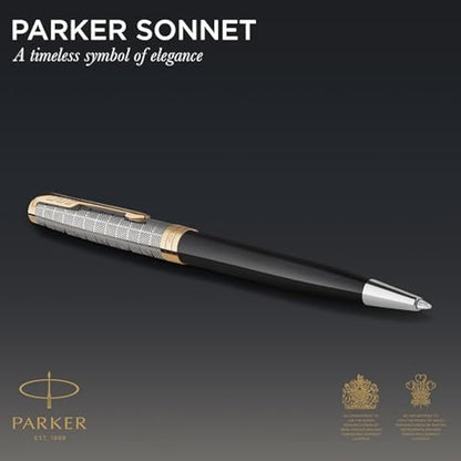 PARKER Sonnet Ballpoint Pen | Premium Metal and Black Gloss Finish with Gold Trim | Medium Point with Black Ink Refill | Gift Box