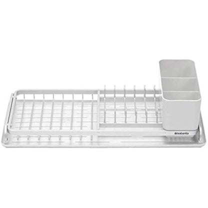 Brabantia Dish Drying Draining Rack (Compact / Light Grey) Easy-Clean Drip Tray and Removable Cutlery Basket, Corrosion-Resistant Aluminium Rack, Compact (20 x 46 cm)
