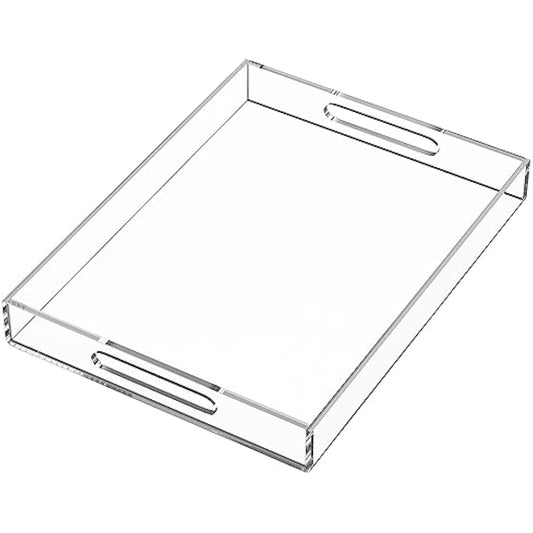 Clear Serving Tray 12x16 Inches/ 30x40 cm -Spill Proof- Acrylic Decorative Tray Organiser for Ottoman Coffee Table Countertop with Handles