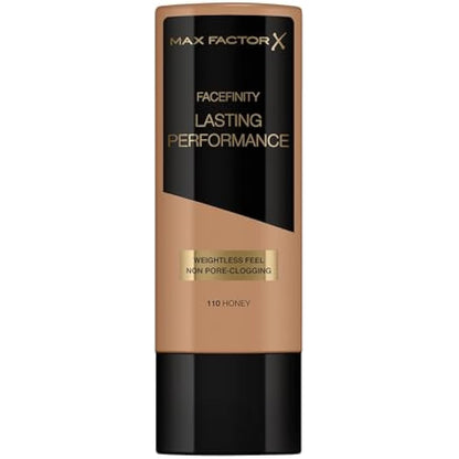 Max Factor Lasting Performance Liquid Foundation, 110 Honey, Full Coverage, Flawless and Radiant Finish, Lightweight Formula, Smudge Resistant, Non Pore-Clogging, Fragrance Free, 35ml