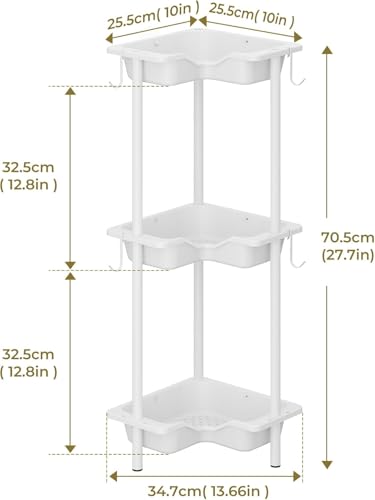 OriwarE Rustproof Floor Standing Corner Shower Caddy Organizer, Plastic Metal Splicing Floor Corner Shelf Rack Stands for Bathroom (White, 3 Tier)