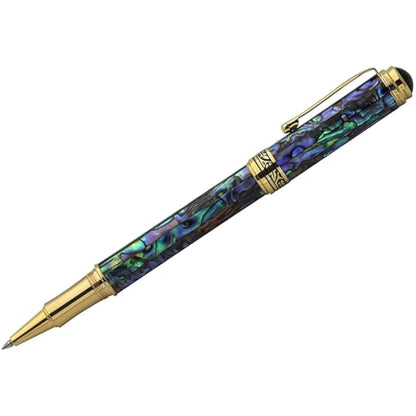 Xezo Maestro Fine Point Rollerball Pen, Iridescent Paua Sea Shell with 18 Karat Gold Plating. Handmade, Limited Edition, Serialized. No Two Alike