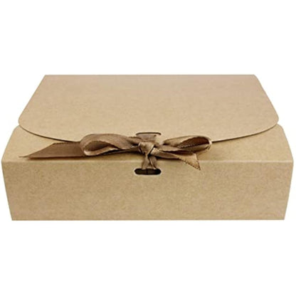 Emartbuy Pack of 12 Rectangle Shaped Presentation Gift Box, 24 cm x 19.5 cm x 7 cm, Easy Assembly, Brown Kraft Box with Bow Ribbon
