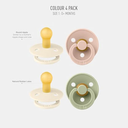 BIBS Dummies Colour 4-Pack, BPA Free Dummy Pacifier, Round Nipple Soothers, Natural Rubber Latex, Made in Denmark. 0-6 Months (Pack of 4), Ivory Mix