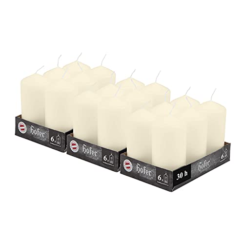 Hofer Unscented Pillar Candles - Ivory - 60 x 120 mm - Set of 18 Decorative Candles - 39 Hours Long Burning Time - Dripless - Smokeless - RAL Quality