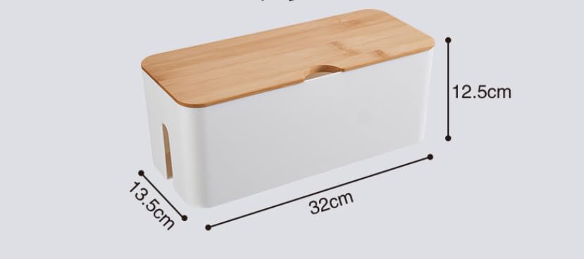 Cable Box with Bamboo Lid, Cable Management Organiser, Storage Box for Hiding Cables, Organising, Computer Wiring, 32 x 13.5 x 12.5 cm, White
