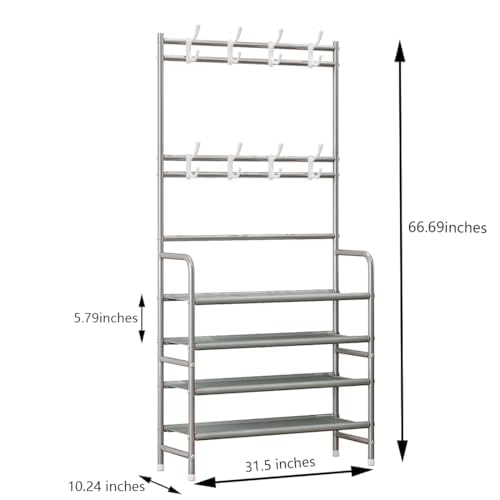 Dazioter Coat Rack Shoe Rack With Storage Shelf Freestanding with 8 Hooks for Entryway Bedroom (Grey, 4Tier)