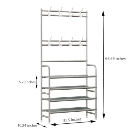 Dazioter Coat Rack Shoe Rack With Storage Shelf Freestanding with 8 Hooks for Entryway Bedroom Grey, 4Tier
