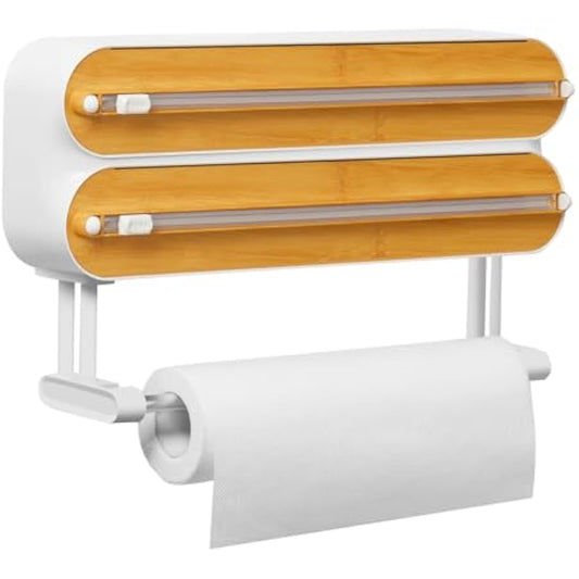Magnetic Cling Film Dispenser and Cutter - Advanced 3-in-1 Wall-Mounted Kitchen Roll Holder, Quasziwa Refillable Cling Wrap & Aluminium Foil Dispenser with Paper Towel Holder - Fits 12" Roll, White