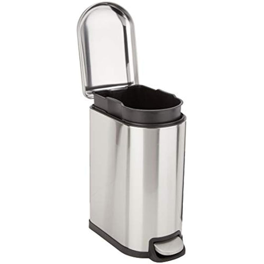 Amazon Basics Smudge Resistant Small D-Shaped Trash Can With Soft-Close Foot Pedal for Bathroom,Bedroom or Living room, Slim shape for narrow space, 10 l /2.6 gallons, Brushed Stainless Steel