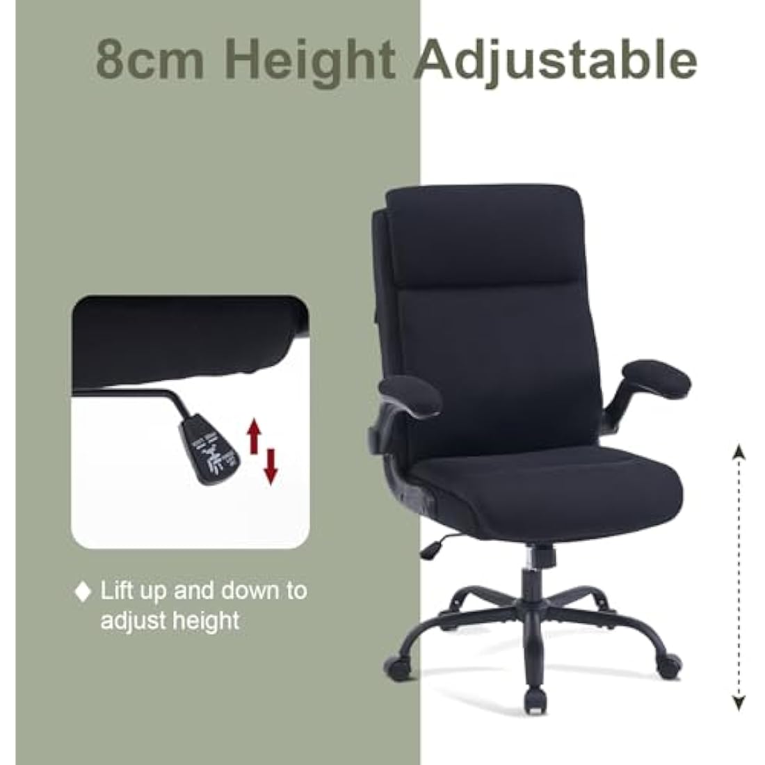 CASTLOVE Ergonomic Office Chair for Home - Computer Desk Chair with Back Support - Flip Up Armrest - High Back - Height Adjustable - Rocking Function (Fabric Office Chair Black Max 150 kg)