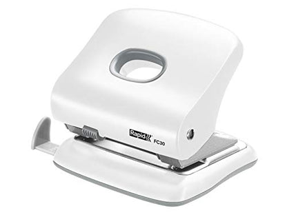 Rapid Fashion FC30 Strong 2 Hole Punch, Punches up to 30 Sheets, Adjustable Guide Bar, Ergonomic Design, White, 5000363