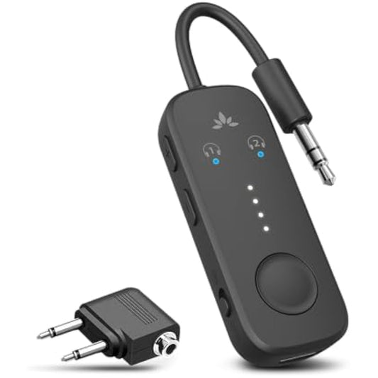 Avantree Relay - Airplane Bluetooth 5.3 Adapter with Qualcomm aptX Adaptive, Supports 2 AirPods or Headphones, 20H Playtime, 3.5mm AUX Jack Wireless Audio Transmitter for Planes, Airline, Travel