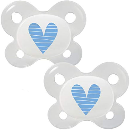 Dentistar® Silicone Soother Set of 2 - Size 0 for 0-2 Months - Tooth and Jaw Friendly Silicone Soother with Dental Step - Blue with Heart Motif - BPA Free Baby Accessories - Made in Germany