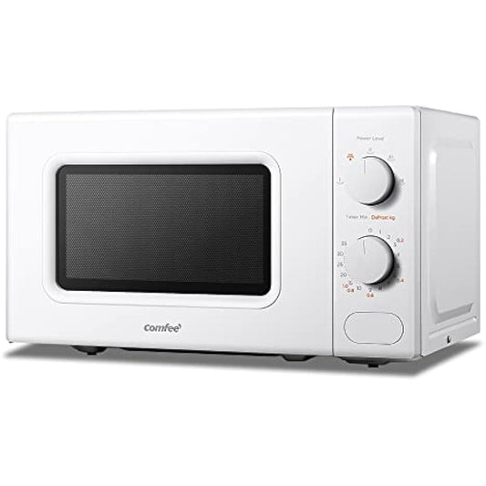 COMFEE' 700W 20L White Microwave Oven With 5 Cooking Power Levels, Quick Defrost Function, And Kitchen Manual Timer - Compact Design CM-M202CC(WH)