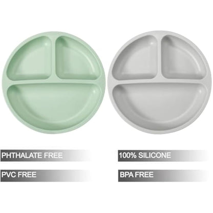 PandaEar 2-Pack Silicone Suction Plates for Babies Weaning with 2 Baby Spoons - Divided Plates for Toddlers and Kids Childrens - Unbreakable Baby Plates with Sections