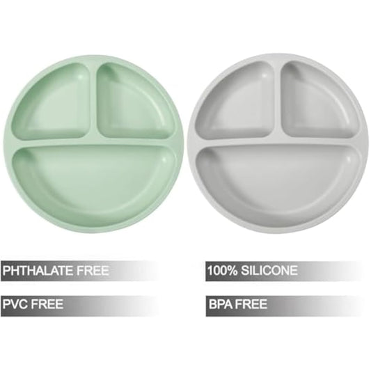 PandaEar 2-Pack Silicone Suction Plates for Babies Weaning with 2 Baby Spoons - Divided Plates for Toddlers and Kids Childrens - Unbreakable Baby Plates with Sections